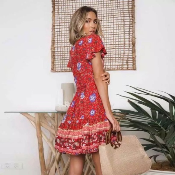 SOLD OUT Red Boho Floral Gypsy Wrap Short Sleeve Mini Dress - Picture 3 of 5